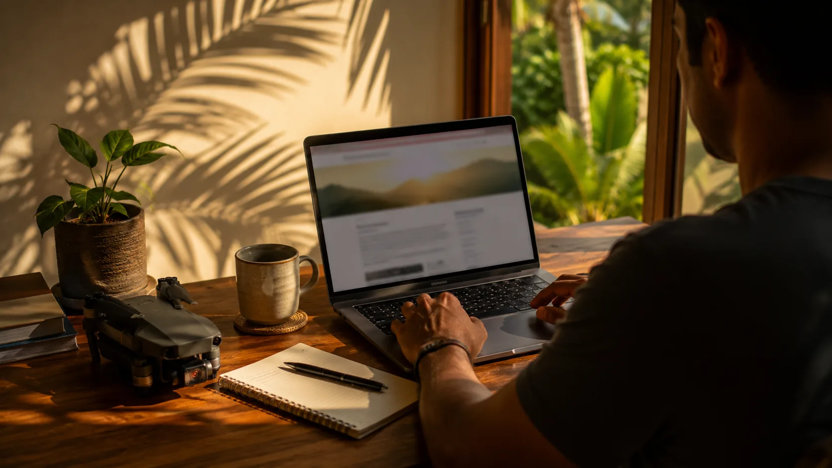 Working at a laptop in a tropical home office at golden hour, a folded drone on the desk