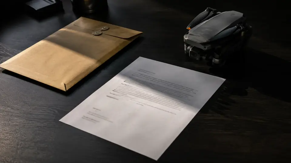 A sealed envelope and printed clearance-style letter on a dark desk beside a folded drone