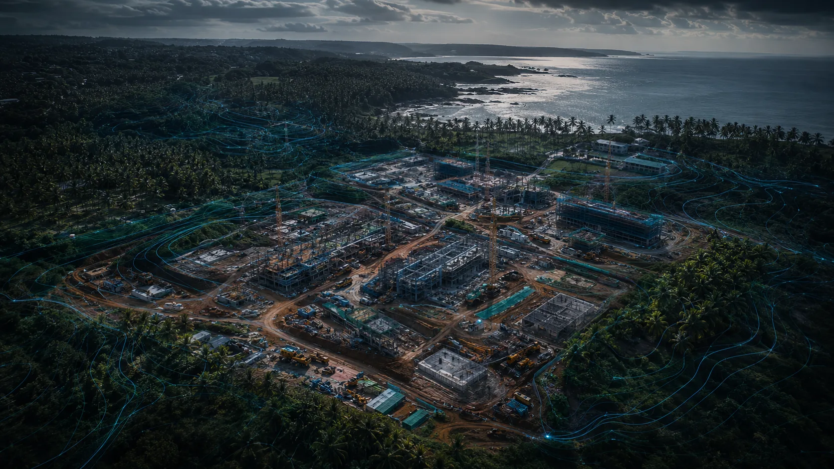 A coastal construction site with tower cranes, seen from above with contour lines