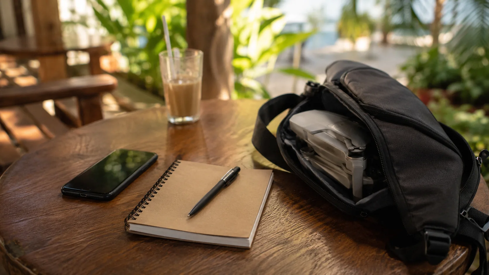 A phone and notebook on a cafe table with a folded drone in an open sling bag beside them