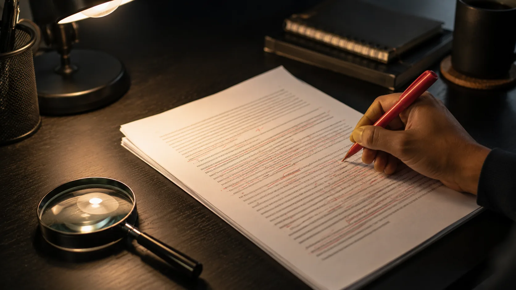 A hand marking corrections on a printed page with a red pen under focused lamp light