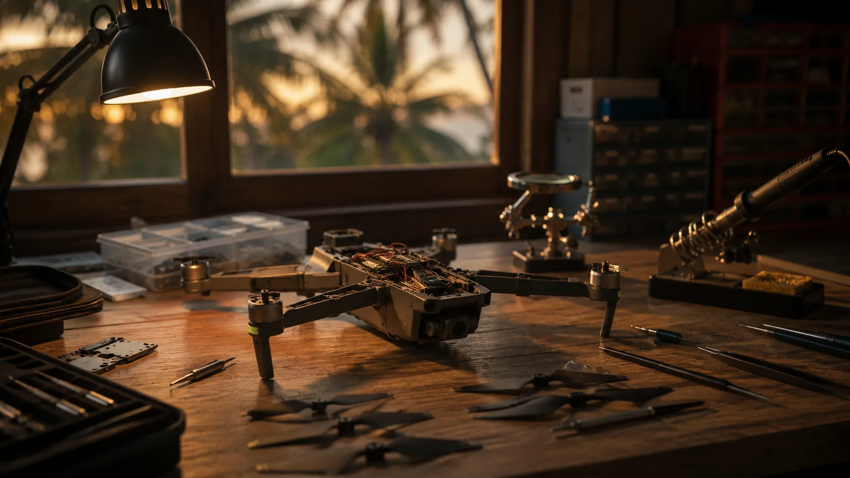 A workshop bench with a partially disassembled drone, spare propellers and precision tools