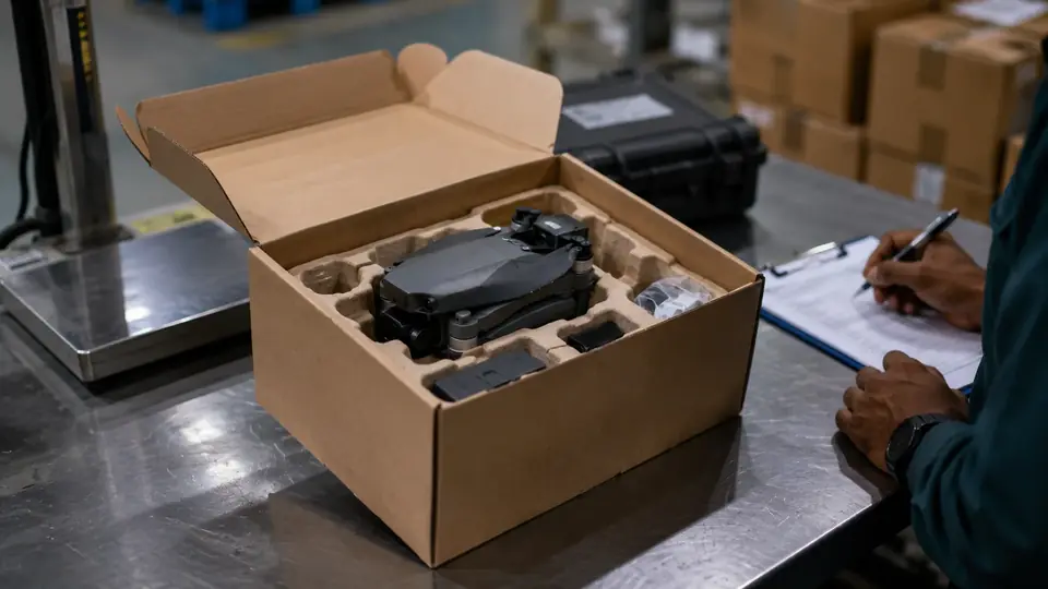 A new folded drone in moulded packaging inside an opened shipping box on an inspection table