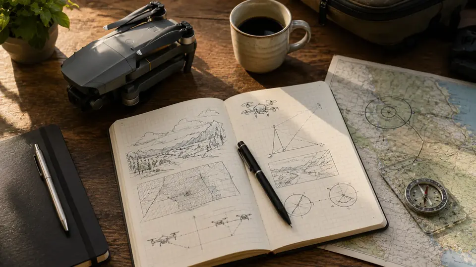 A desk with an open notebook of flight-planning sketches, a folded drone, coffee and a paper map