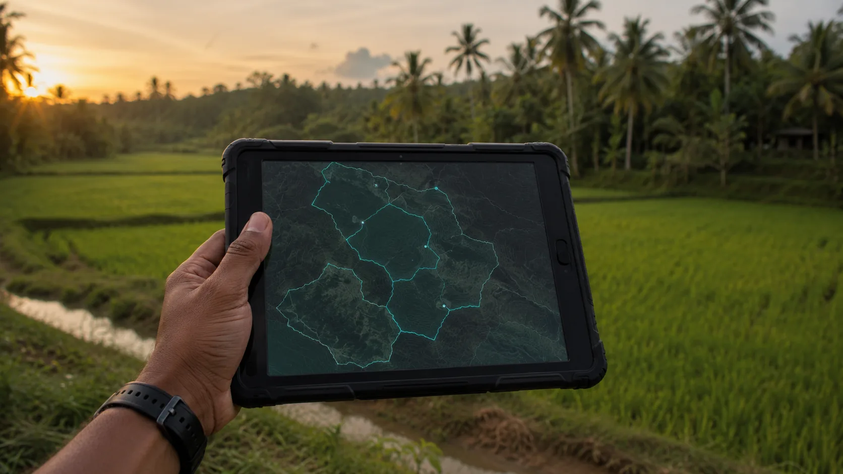 Hand holding a rugged tablet showing a dark zone map with cyan outlines, above paddy fields at sunset