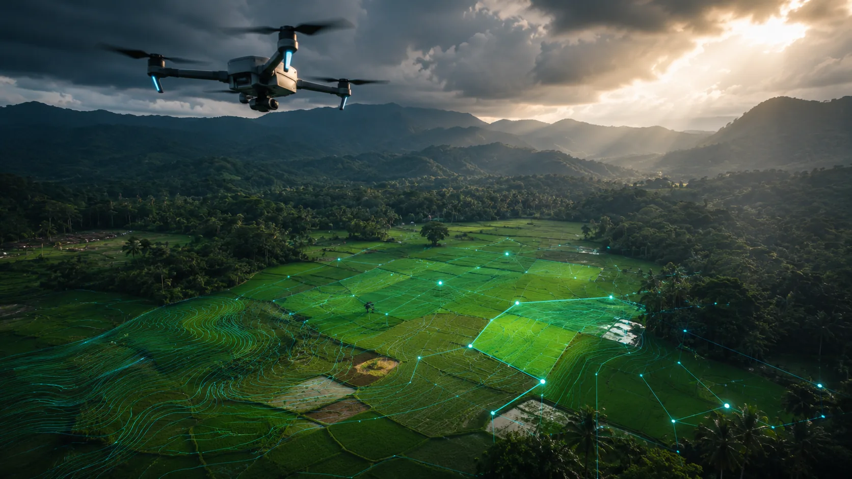 A survey drone above terraced paddy fields with a mapping mesh visualised