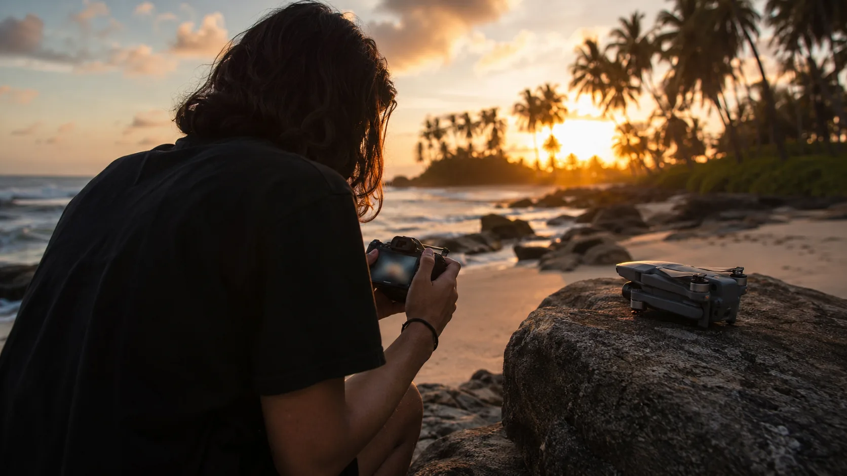 A traveller on a tropical beach at sunset reviewing photos beside a folded drone
