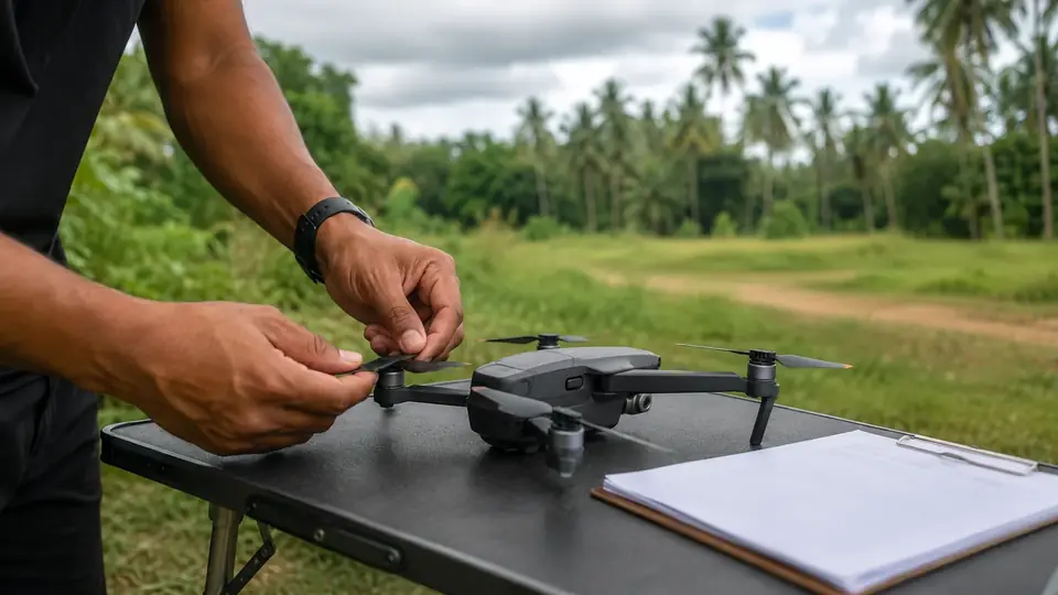 Hands inspecting a drone propeller during a pre-flight check on a folding table in an open field
