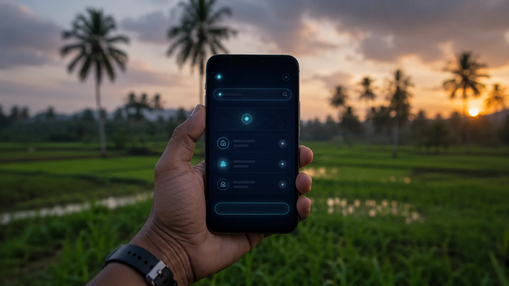 A hand holding a phone with a glowing dark interface, paddy fields at dusk behind