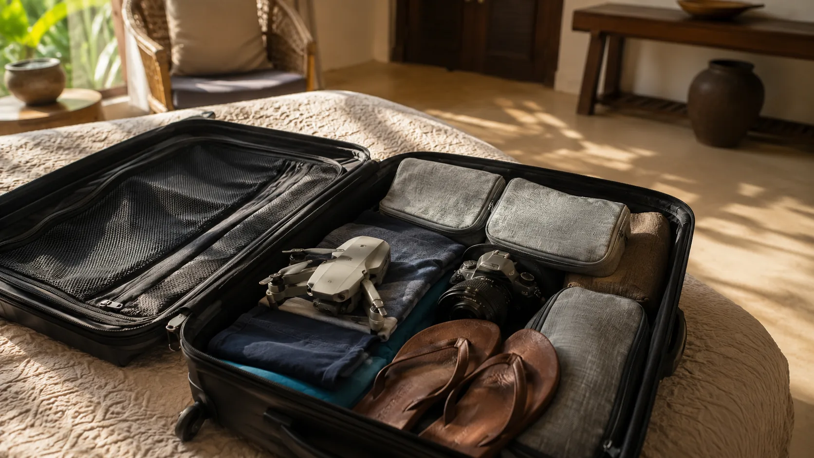 Open suitcase on a hotel bed with a folded travel drone, camera, packing cubes and sandals in tropical morning light
