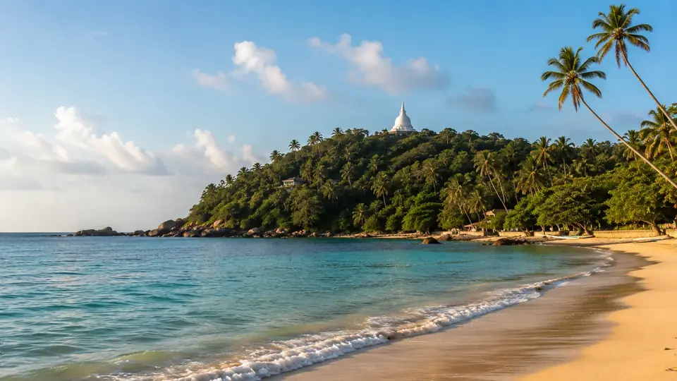 Unawatuna bay in soft morning light with a jungle headland and small white dagoba silhouette