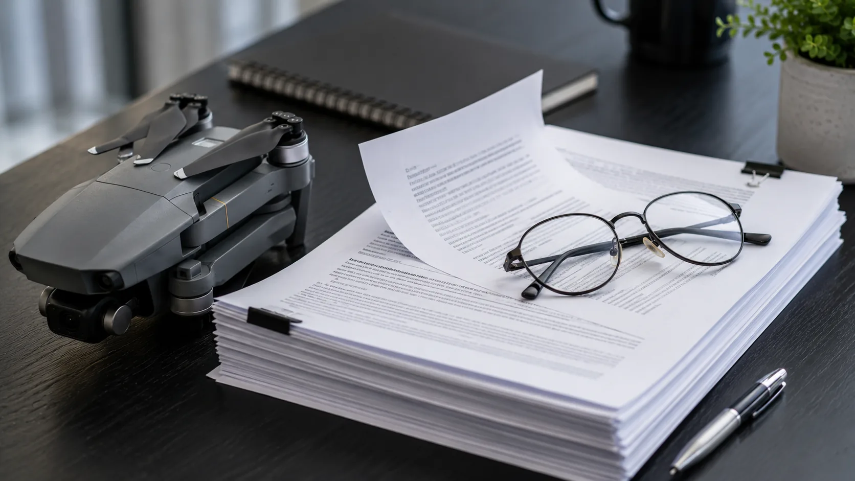 A stack of printed documents beside a folded drone with reading glasses on top